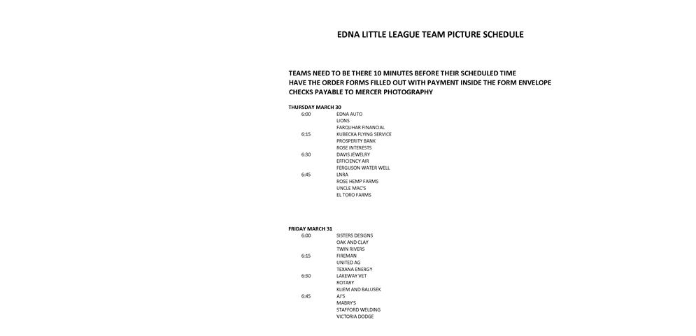 Team Picture Schedule
